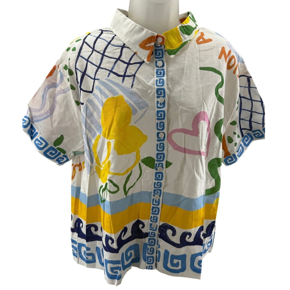 Prosperina Womens Linen Cotton Resort Print Button Down Shirt PR1940T Large NEW
